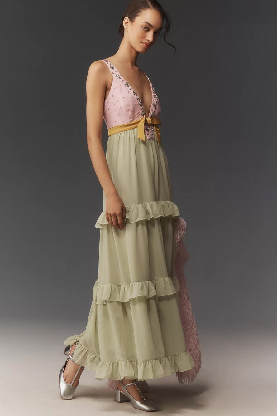 nwt ANTHROPOLOGIE MAEVE sz LP Embellished Deep V Tiered Ruffle Maxi dress mint